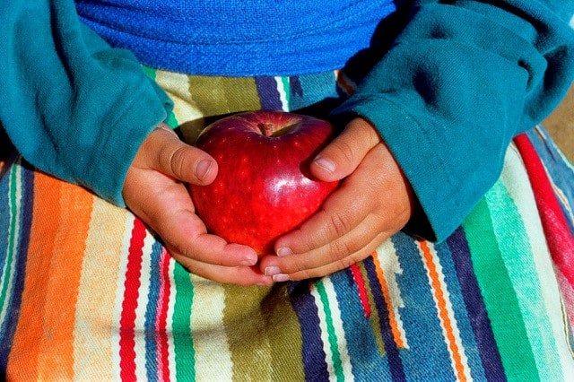 child holding apple