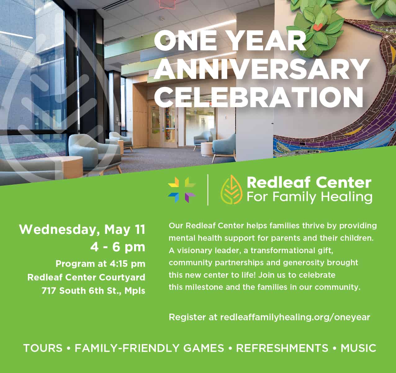 Redleaf Center for Family Healing Invitation for one year anniversary
