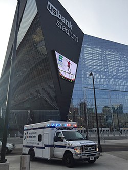 hennepin ambulance in front of us bank stadium,interview of hennepin ems preparing for super bowl, nfl games, emergency support at sporting events, paramedic services at major events, high stakes events, ems at superbowl, emergency readiness at sports events