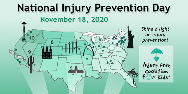 national injury prevention day infographic, Injury Free Prevention Day is November 18, level 1 pediatric trauma center, preventing injury to children, dr andrew kiragu, julie philbrook