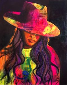 painting of woman with hat and long hair, finding your voice, urban expressionist, artist, creating art that affirms, michelle jones
