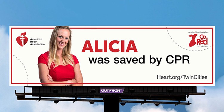 alicia featured on billboard for heart month, save a life, learn cpr, lucas, alicia bravo, emergency medicine nurse, cpr machine, cpr kiosk