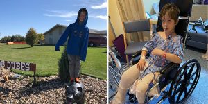 dalton at home playing an in a wheelchair at the hospital, nine year old water skier’s leg saved in a boat propeller accident, orthopedic surgeon, suffered serious injuries, dr jacqueline geissler, peter leafblad, dr nick simpson