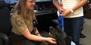 ems staff member with patient and black dog, hennepin ems welcomes 4-legged members, hennepin heroes program, paw patrol, volunteer canines, north star therapy animals