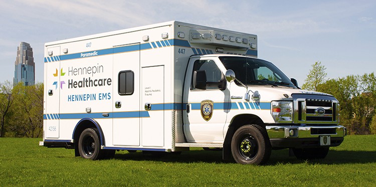 hennepin healthcare ambulance on green lawn, ready to respond to life’s emergencies, hennepin ems ambulance, car accident, emergency room transport, josh nichols