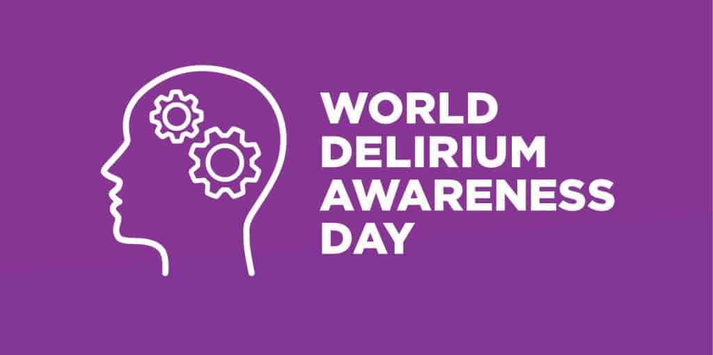 line drawing of a head with text world delirium awareness day, world delirium awareness day, what is delirium, increased confusion, experience while hospitalized, rapid change in brain function