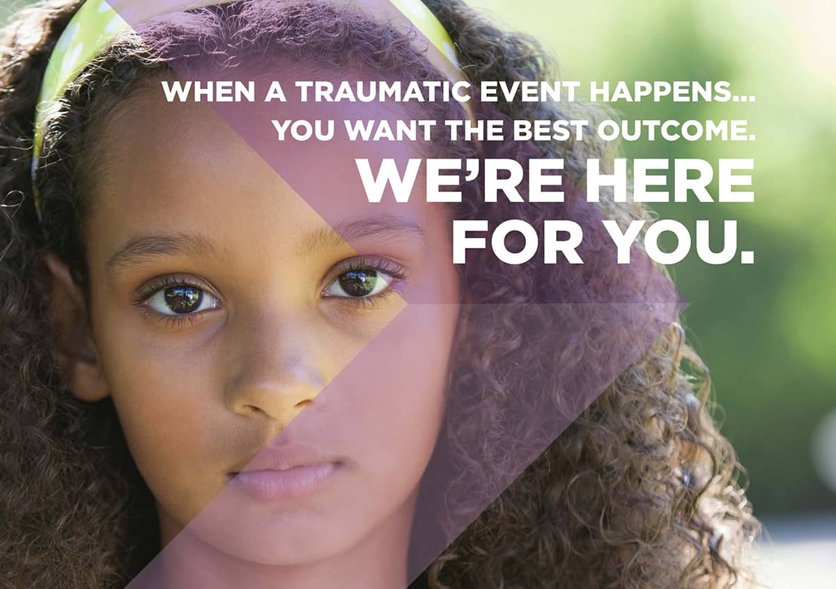 young girl closeup for pediatric trauma campaign with text overlay