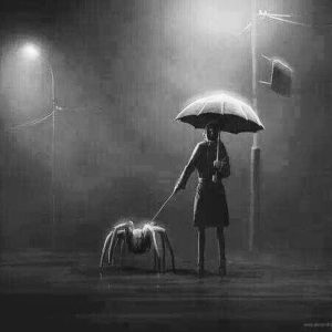 woman walking spider umbrella eerie rain