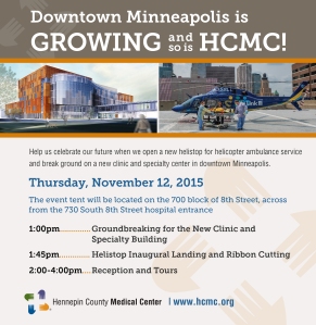 Event invitation to mark groundbreaking, new downtown clinic and specialty center, inaugural flight to second helistop, new csc building, multiclinic building in downtown minneapolis