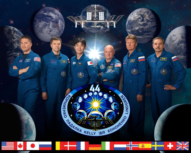 official Expedition 44 crew portrait. Soyuz 42 (Gennady Padalka, Mikhail Kornienko, Scott Kelly) and Soyuz 43 (Oleg Kononenko, Kimiya Yui and Kjell Lindgren).
