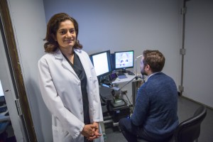dr uzma samadani with a research tech in the brain injury research lab, Eye tracking detects high pressure inside the skull, Pressure Increases Inside the Skull, National Space and Biomedical Research Institute, uzma samadani, Rockswold Kaplan Endowed Chair for Brain Injury Research